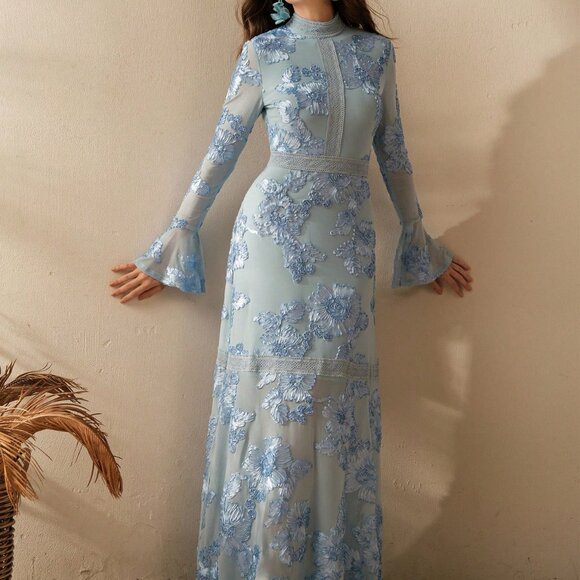 Blue Boho Women's Textured Floral Embroidered Party & Casual Long Sleeve Dress - Picture 4 of 7